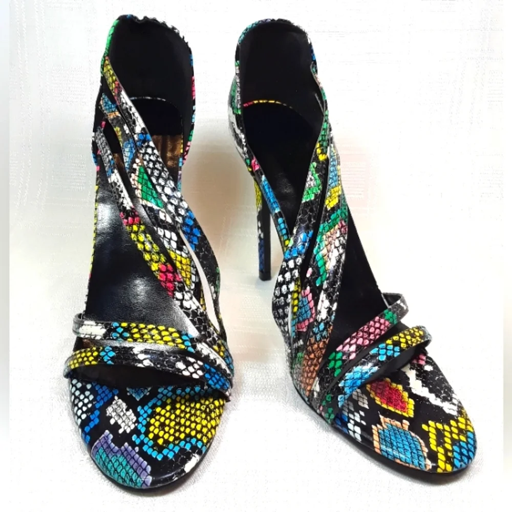 Heels Open Toe Women Shoes Rainbow Faux Snakeskin Strap Fashion Shoes Size 38 - Picture 5 of 10